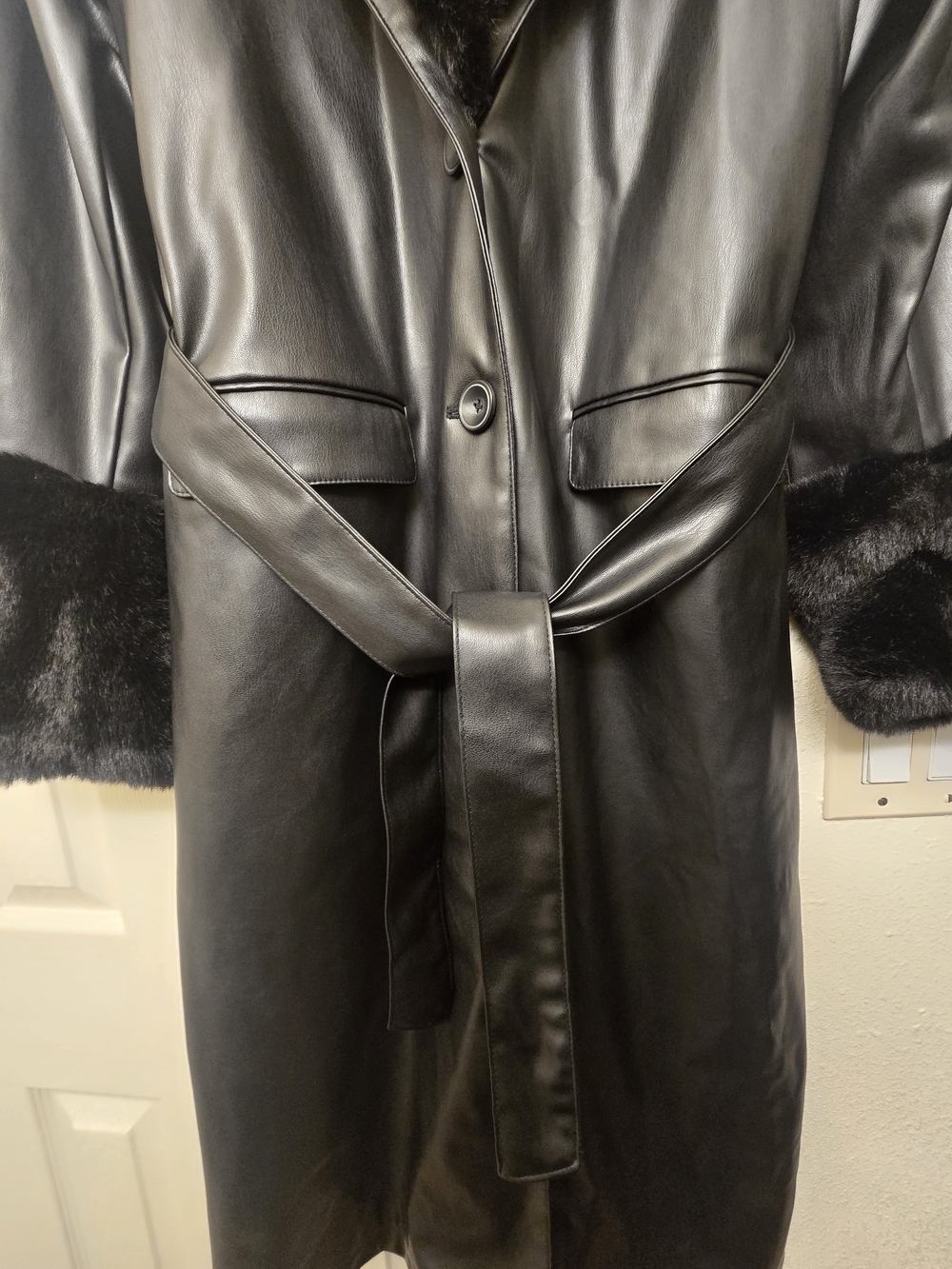 Black Faux Leather Trench Coat with Faux Fur Trim - Picture 3 of 5